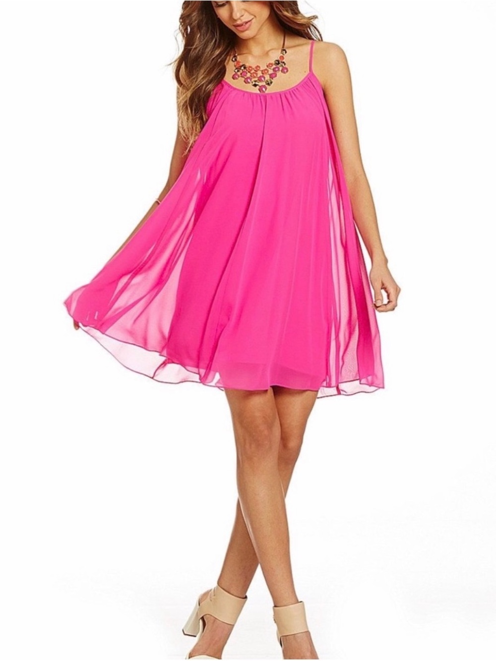 Gianni Bini Sylvia Fuchsia Chiffon Swing Dress Spaghetti Strap Lined | Size: S